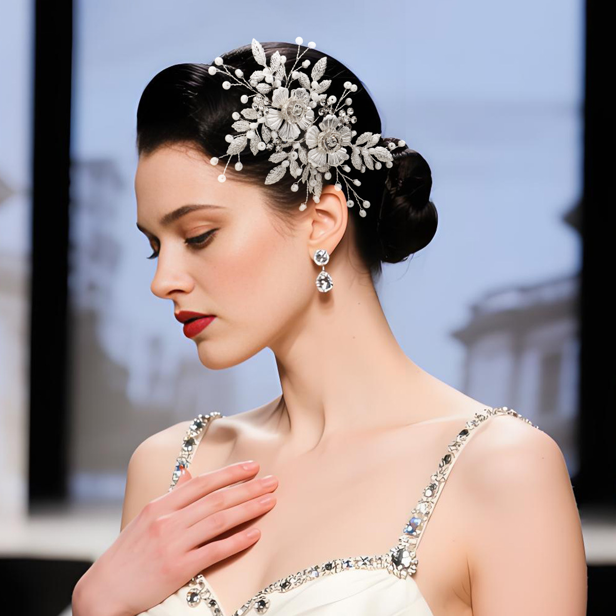 奢华夸张花朵新娘发夹唯美银色金属花瓣鸭嘴夹舞会晚宴高级感发饰