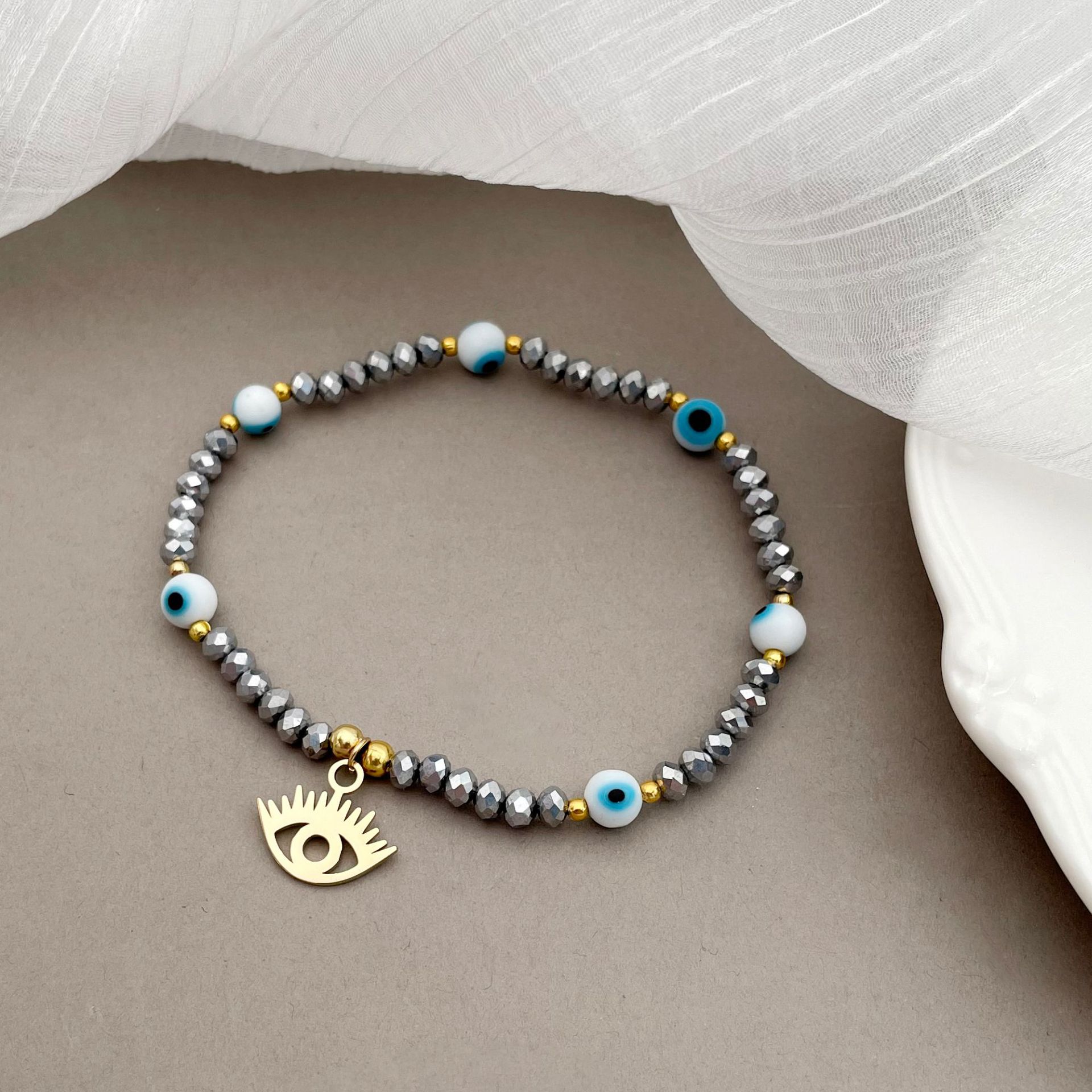 Daily Occasion 304 Stainless Steel, Beaded Material Fashion Devil'S Eye 304 Stainless Steel Beaded 14K Gold Plated Stainless Steel Bracelets In Bulk