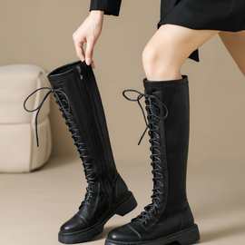 HH-3厚底长筒靴女不过膝2025新款秋冬高筒靴系带不过膝骑士靴长靴