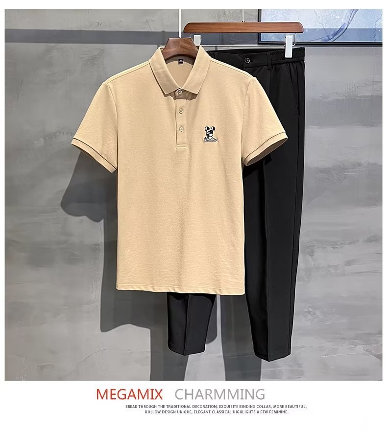 2024 Summer Thin Pearl Mesh Bear Embroidered Back Letter Print Slim Fit Elastic Polo Short Sleeves_voghion.com