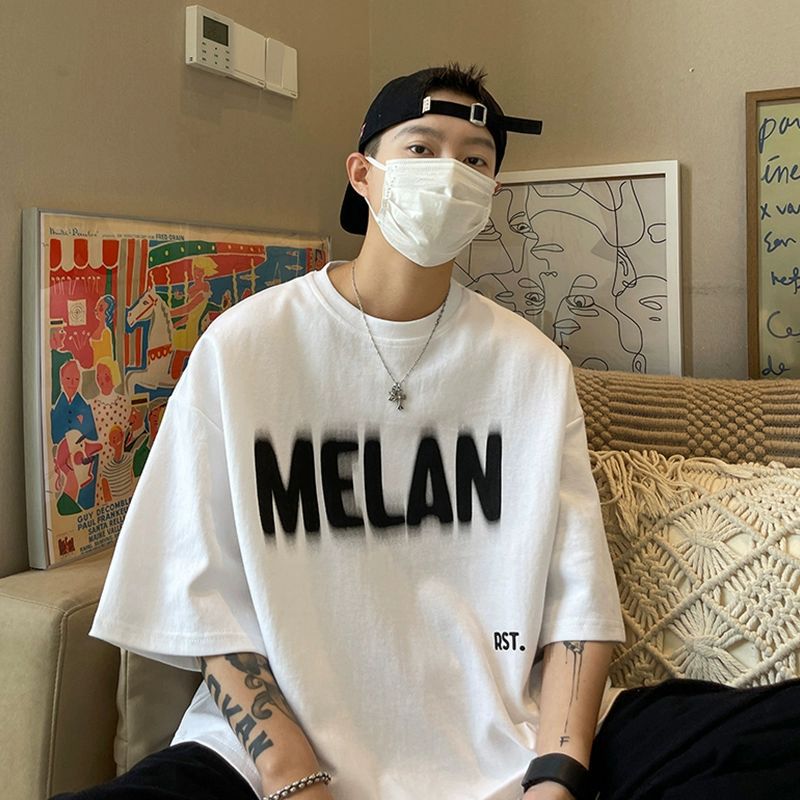 Blurry Letter White T-shirt Men's Summer Ins Street Handsome Thin Short-sleeved Chic Harajuku Style Shoulder Half Sleeve
