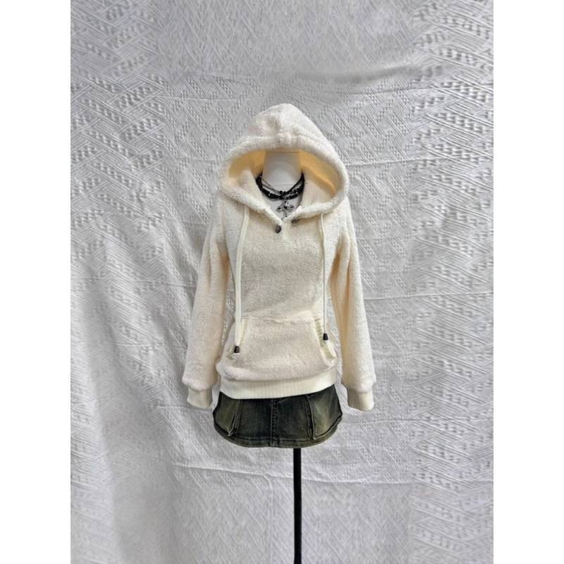 Waist-Cinching Fleece-Lined Hooded Sweater, Knitted Plush, Soft and Fluffy, Suitable for Wearing Outside or as a Home Top, Cute and Comfortable for Young Girls