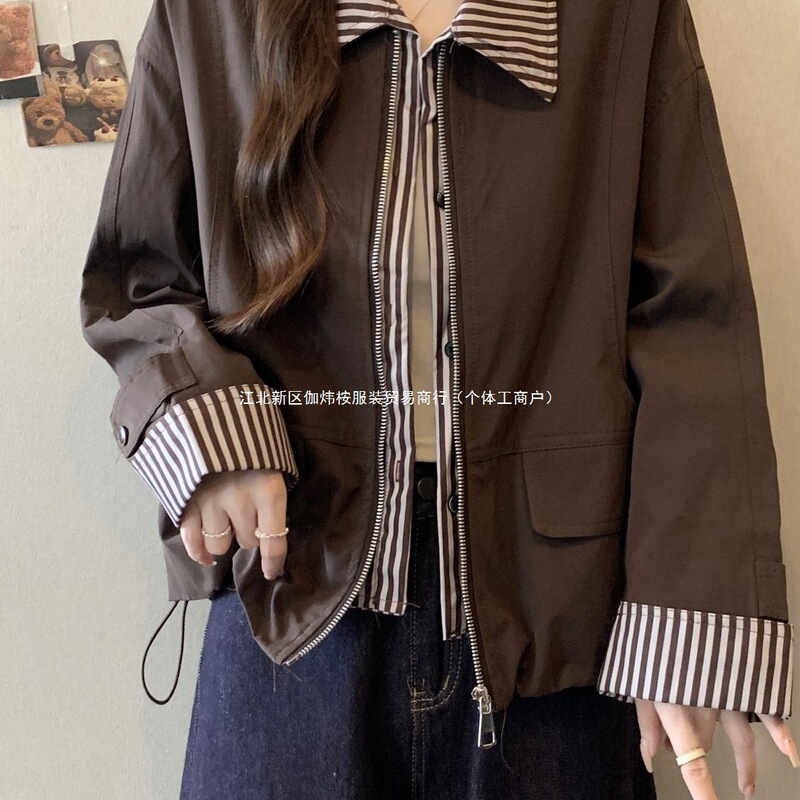 Designed Short Jacket Cardigan Jacket for Women 2025 Autumn New Large Size Fat mm Fake Two-Piece Stripesd Patchwork Top