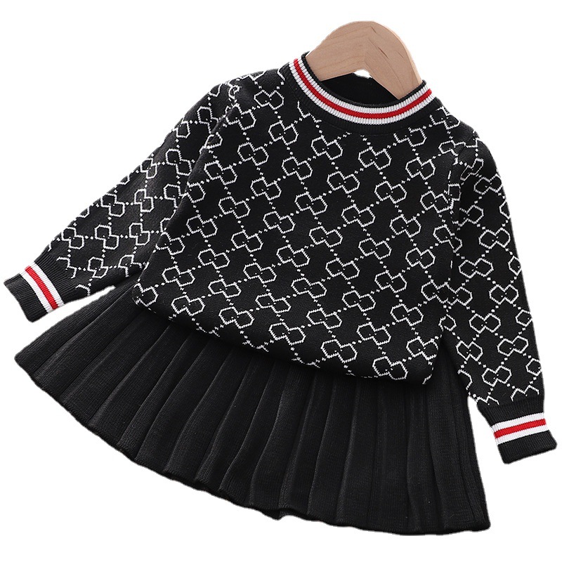 Piger 2021 vinter ny moderigtig plisseret nederdel+trøje strikket todelt sæt mode_voghion.com