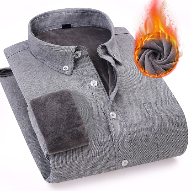 Camisa de Hombre Dongyu para Otoño e Invierno, Forrada de Felpa Cálida, Camisa de Manga Larga de Tela Oxford a Rayas, Camisa de Hombre de una Pieza al por Mayor
