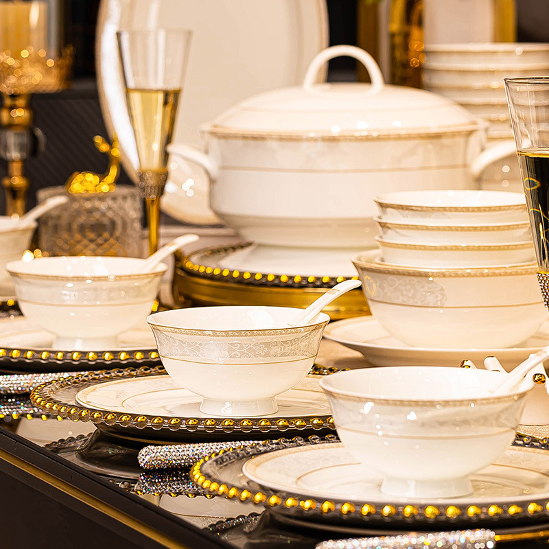 Dish Set for Home Use 2026 New Model Light Luxury Gold-Painted Ceramic Bowl Housewarming New Home Beautiful Bowl and Plate Tableware Set