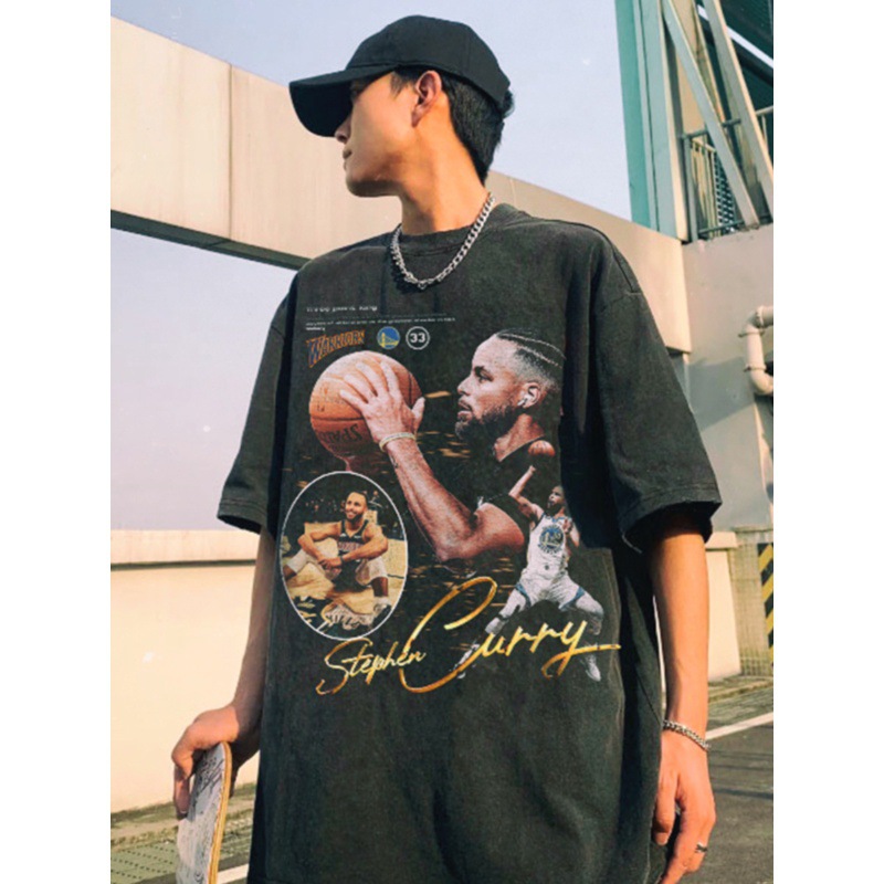 Verano nuevo Curry estilo americano impresión retro baloncesto camiseta de mangas cortas suelta pesada lavado con agua hacer viejos hombres y mujeres t