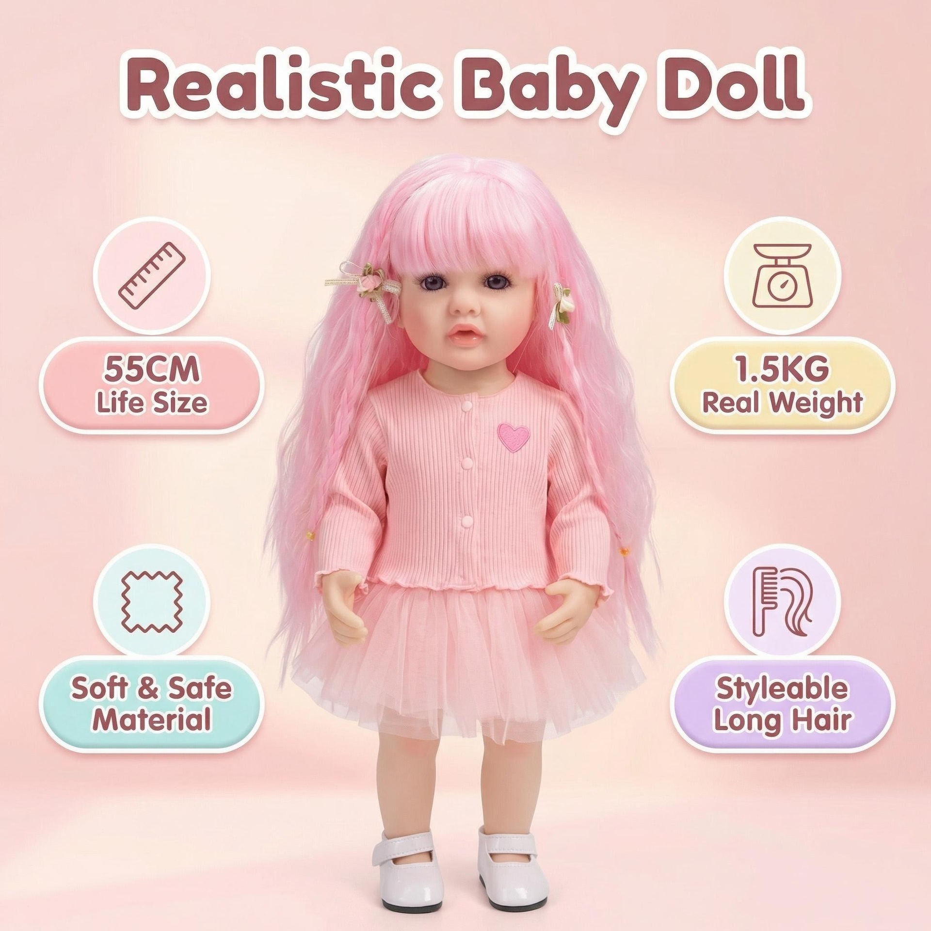 NPK22inch bordado polvo amor Betty simulación muñeca renacida para acompañar a los niños regalos de vacaciones preferidos