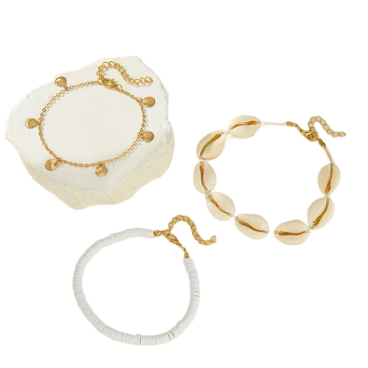 Europa y los Estados Unidos transfronterizos arena pie de viento para mujeres conchas tejidas cadenas de tobillas multicapa conchas de goteo de aceite circular cadenas de tobillas de tres capas