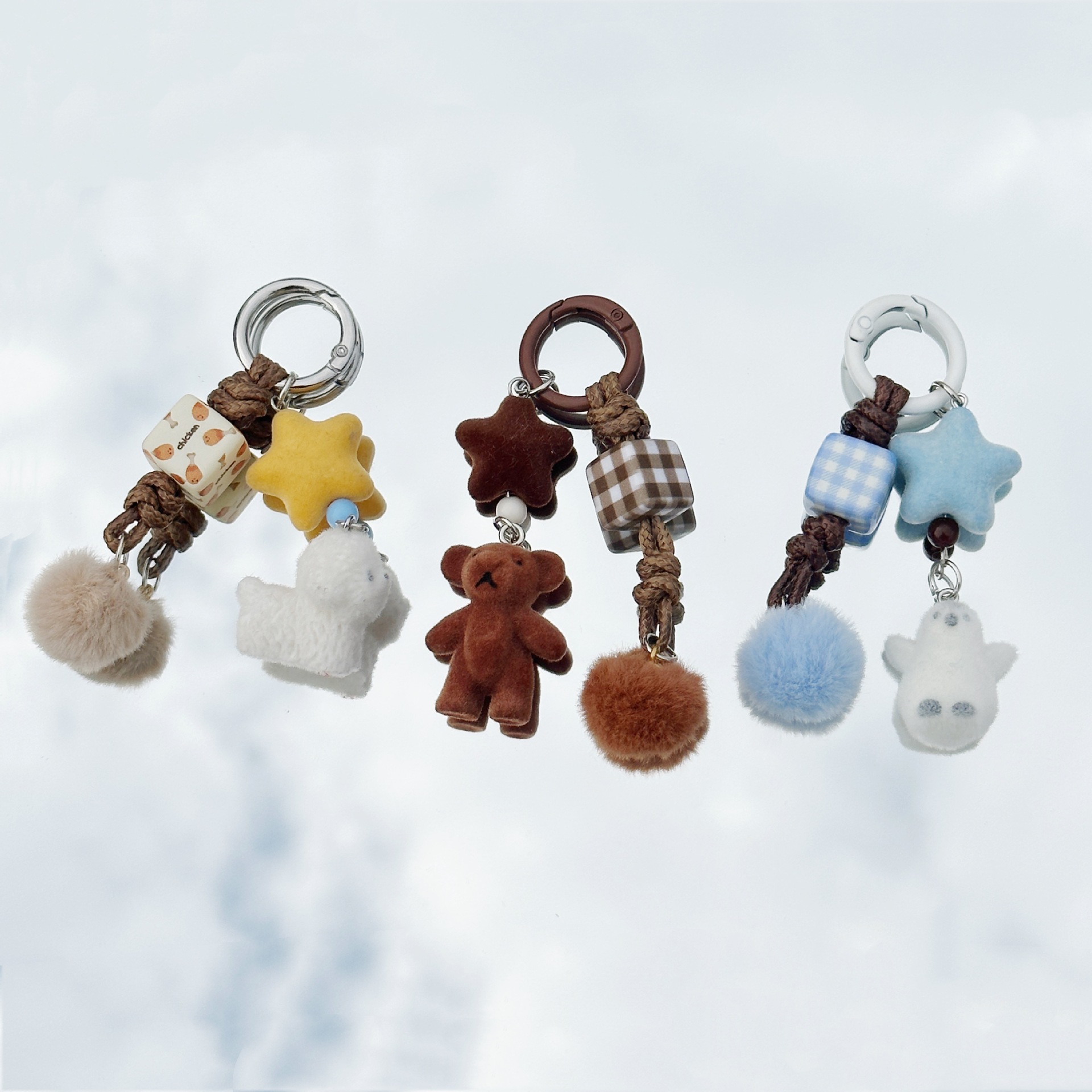 Cartoon Flocked Bear Puppy Hair Ball Keychain DIY Cute Animal Mobile Phone Bag Pendant Headphone Cover Pendant