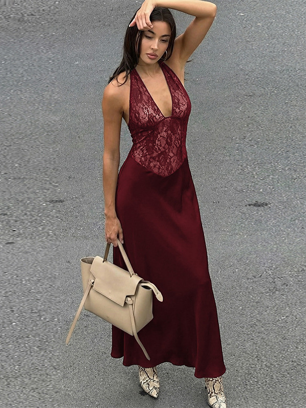 European and American Style Women's Cross-Border New Sexy Deep V Neck Lace Splicing Sleeveless Slim Halterneck Backless Dress for Women