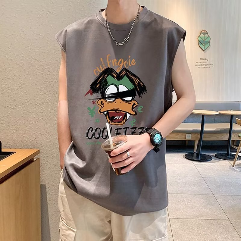 2024 New Summer Hong Kong Style Vest Men's Sleeveless Men's Fashionable Brand Loose Sports Waistcoat T-Shirt Basketball Top