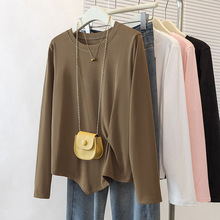 实拍大码女装韩版圆领长袖T恤女春胖mm宽松显瘦减龄洋气套头上衣