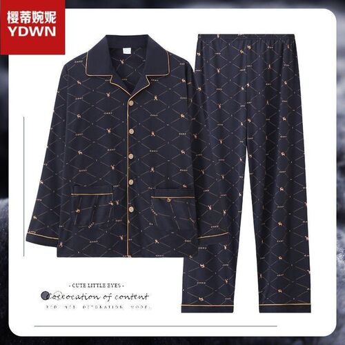Men's 100% Cotton Spring and Autumn Long Sleeve Plus Size Pajamas Men's Autumn and Winter Thin Homecoming Suit Set