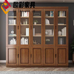 Chinese solid wood bookcase with two or three doors, featuring tempered glass, freely combinable and assembleable modern document storage cabinet