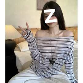 【雪花麻色织条】韩系氛围感穿搭斜肩条纹上衣女辣妹t恤上衣