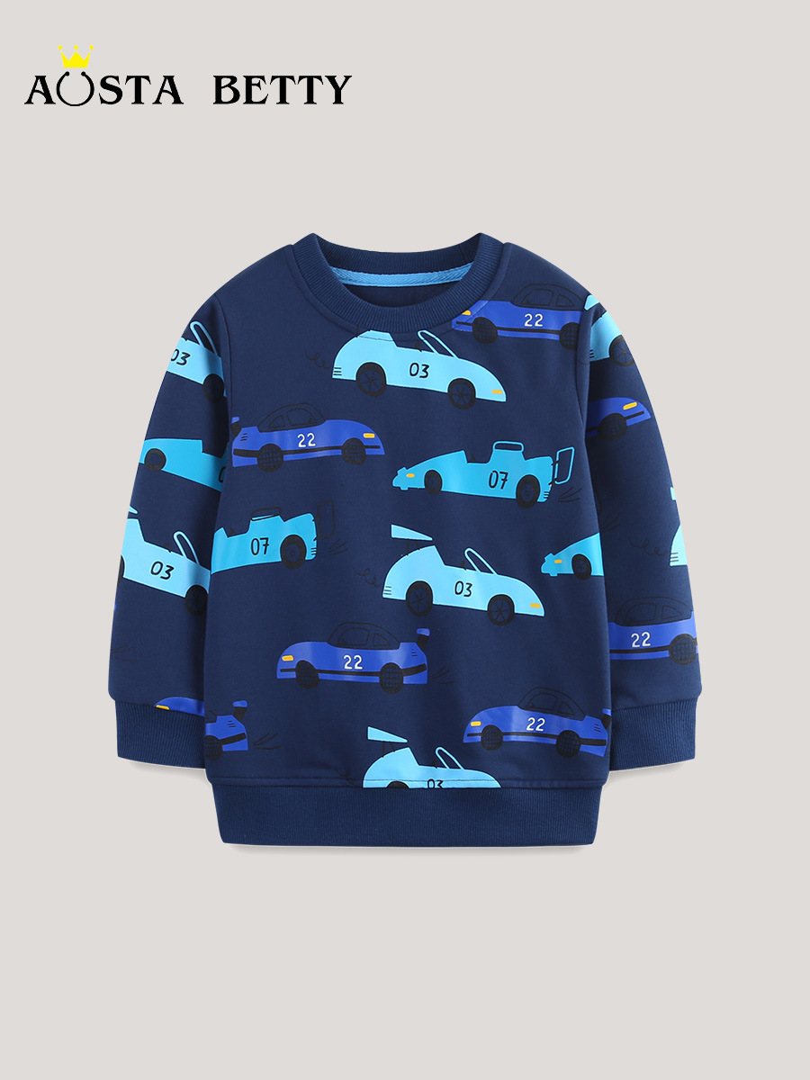 Suéter de estilo europeo y americano para niños 26 otoño suéter de algodón de punto para niños, suéter de fondo para automóviles estampado suéter de cuello redondo para niños