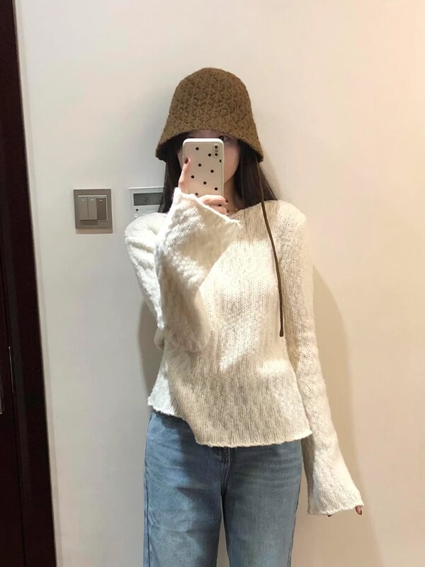 韩系白色喇叭袖长袖针织衫内搭上衣女春秋穿搭高级感气质打底毛衣|undefined