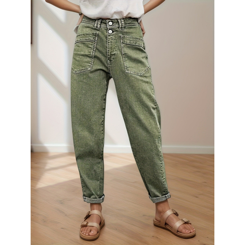 Cross-Border Amazon European and American Style Mid-Waist Straight-Leg Jeans for Women, Green Button Design, Diagonal Pockets, All-Season Jeans Cross-Border Amazon European and American Style Mid-Waist Straight-Leg Jeans for Women, Green Button Design, Diagonal Pockets, All-Season Jeans