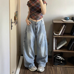 慵懒风美式拖地女式牛仔裤女阔腿梨型身材小个子宽松直筒牛仔裤子