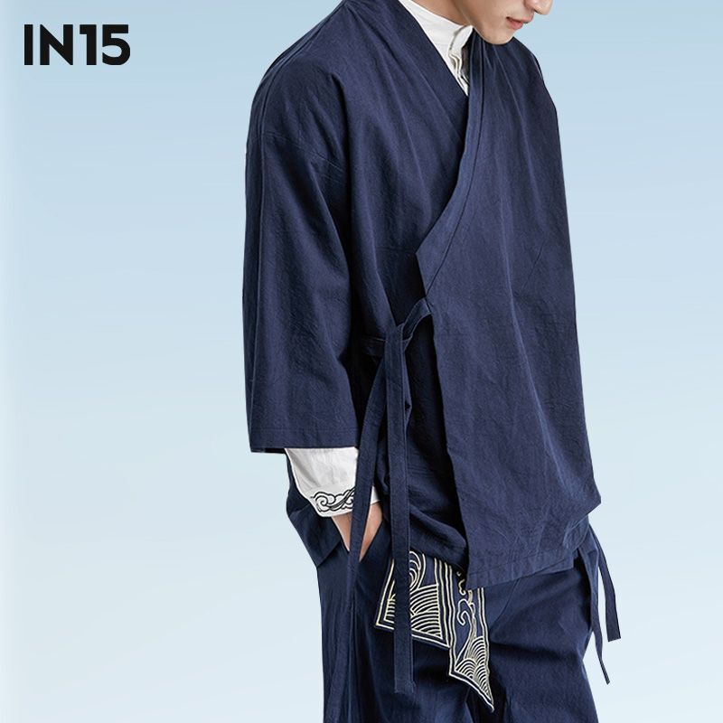 Spring and Summer New Chinese Style Robe Seven-point Sleeve Hanfu Men's Top Zen Style Husband Clothing Ancient Style Tea Clothes Cotton and Linen Outer