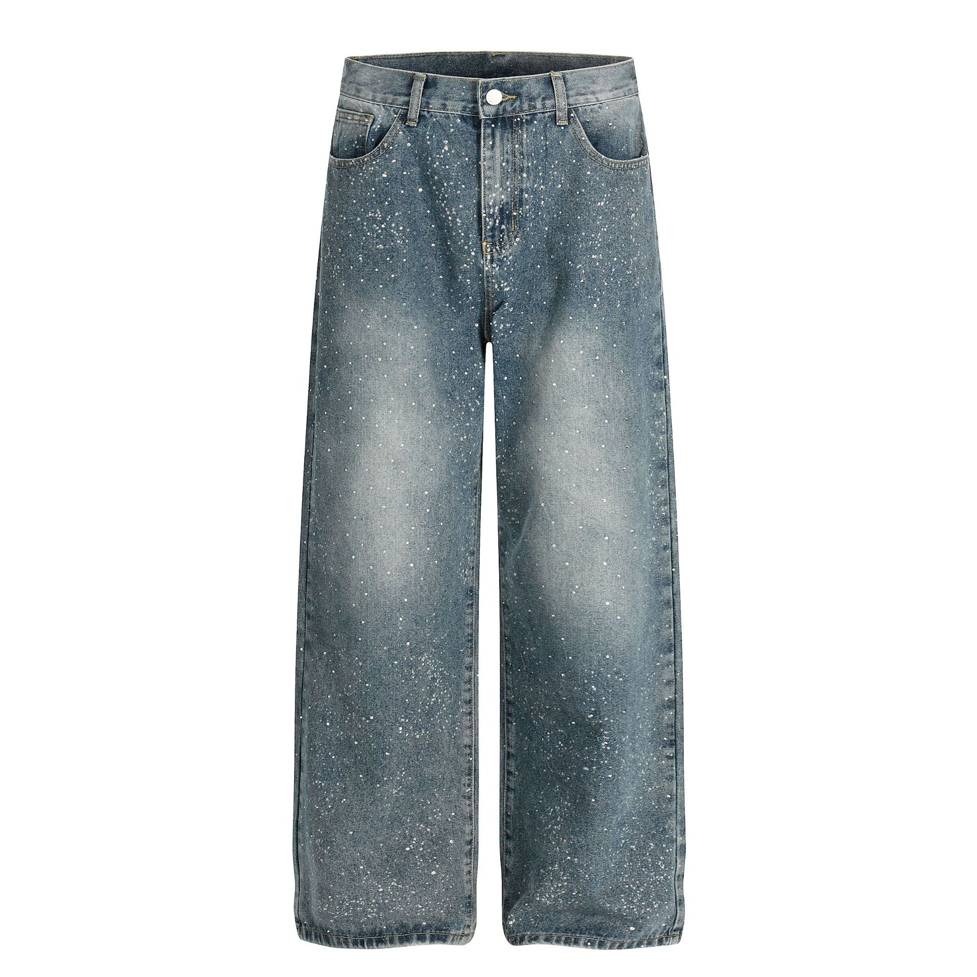 Unisex High Street Vintage Washed Blue Distressed Denim Jeans Rhinestone Embellishments Relaxed Fit Button Fly Non-Stretch Cotton_voghion.com