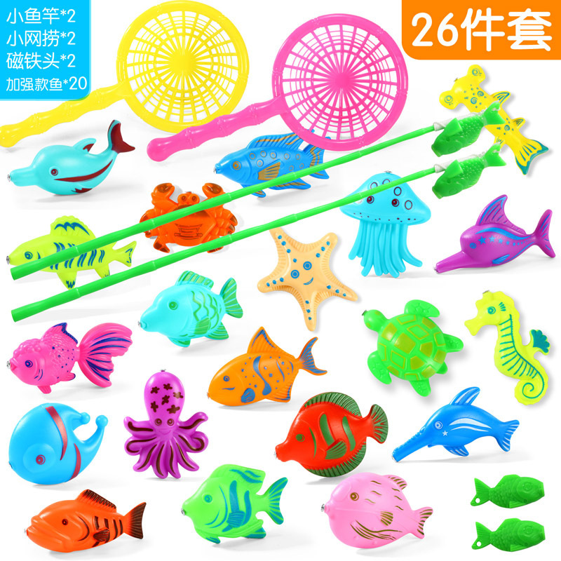 26 피스 세트: 물고기 20 개, 막대 2 개, 그물 2 개, 여분의 미끼 2 개