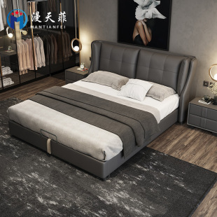 Leather Bed Italian Minimalist Master Bedroom Double Solid Wood Bed Scandinavian Soft-Packed First-Layer Cowhide Bed Accessible Luxury Scandinavian Style