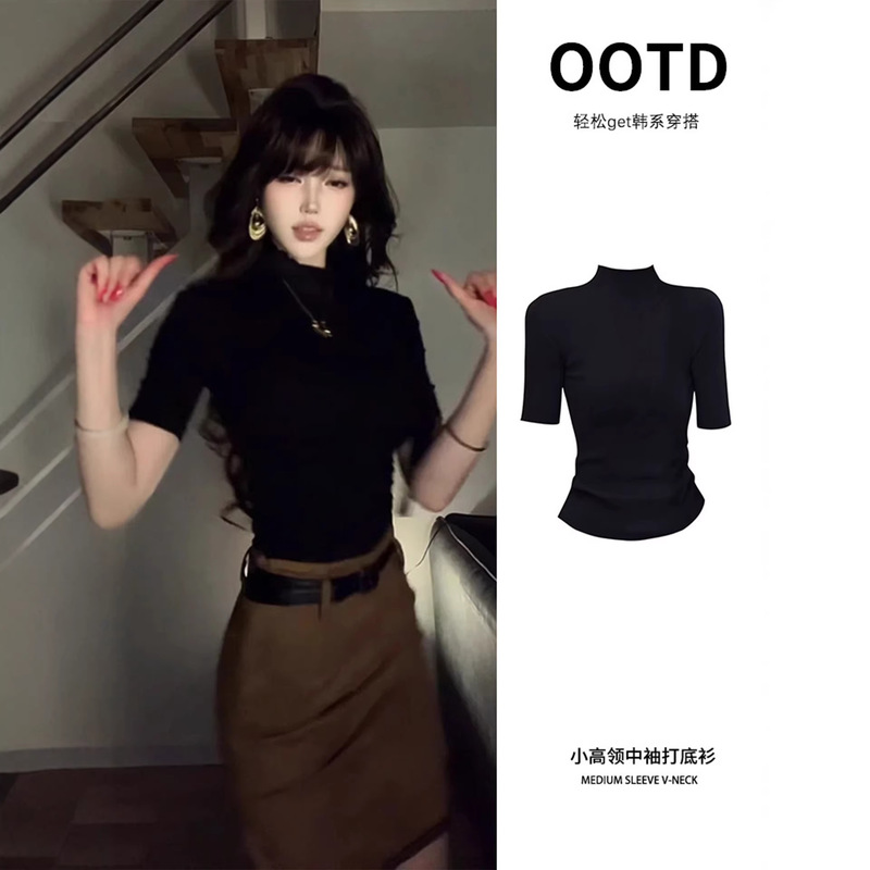 Black Half-High Collar, Regular Shoulder, Half-Sleeve Women's Summer Slim-Fit Inner Layering Shirt, Five-Quarter Sleeve Short-Sleeve Top, New Summer Style