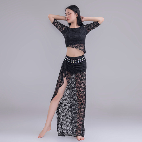 New autumn belly dance practice clothes plus size sexy slimming lace oriental dance performance clothes off-the-shoulder open skirt