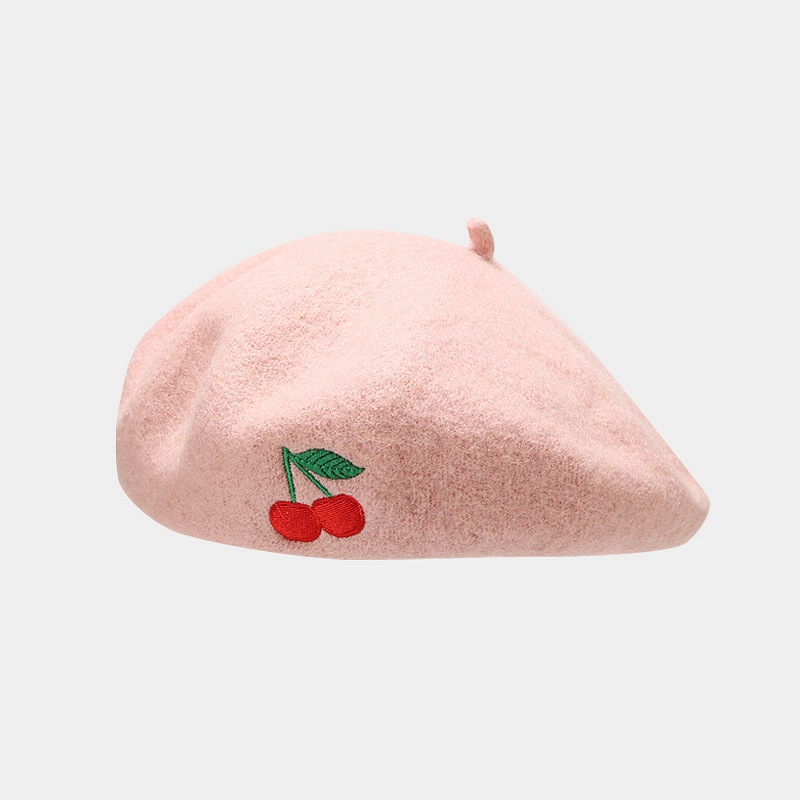 112g Weight Beret Hat Hats Type Daily Occasion Artificial Wool Material Cherry Pattern Autumn&Winter Season Women's Gender Embroidery Design Cute, Sweet Style Eaveless Rim Women's Cute Sweet Cherry Embroidery Eaveless Beret Hat 12