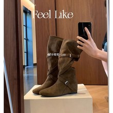 葡萄妈同款 增高6cm~ 韩系圆头扣带柔软褶皱显瘦中筒靴女高跟靴