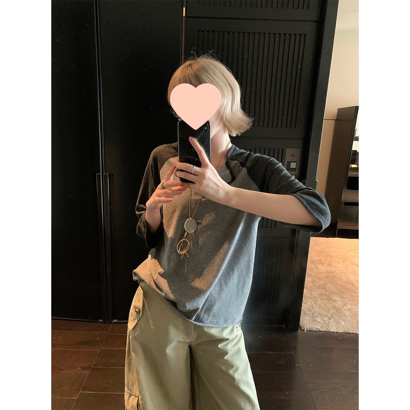 欧阳 撞色印花长袖T恤女秋季新款宽松显瘦美式复古圆领上衣|undefined
