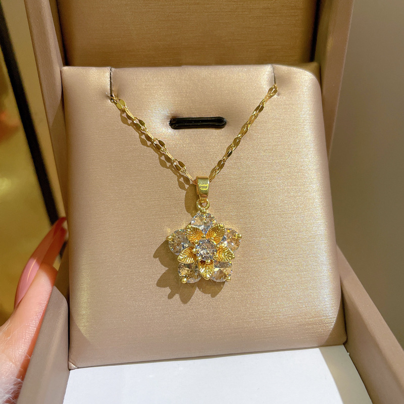 Snowflake Zircon Pendant Necklace Real Gold Plated Titanium Steel_voghion.com
