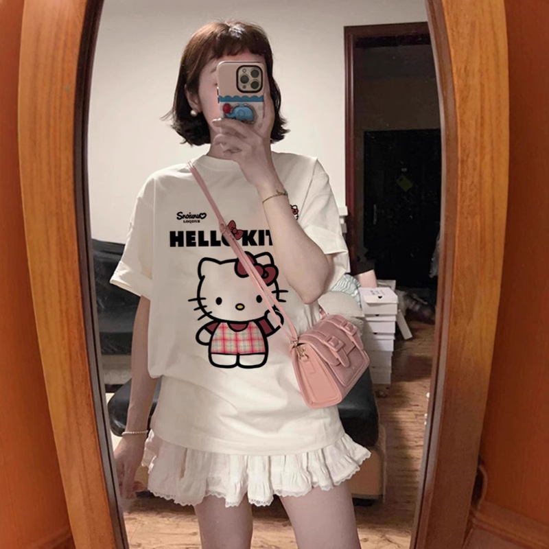 Sweet Hello Kitty Round Neck Printed T-shirt Women's Summer New Loose plus size Niche Cotton Top Sweet Hello Kitty Round Neck Printed T-shirt Women's Summer New Loose plus size Niche Cotton Top