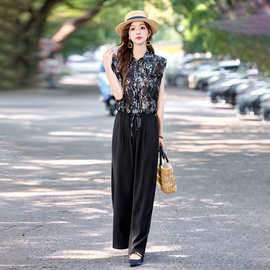 时尚休闲套装夏季新款女装印花无袖衬衫阔腿裤两件套MX8921