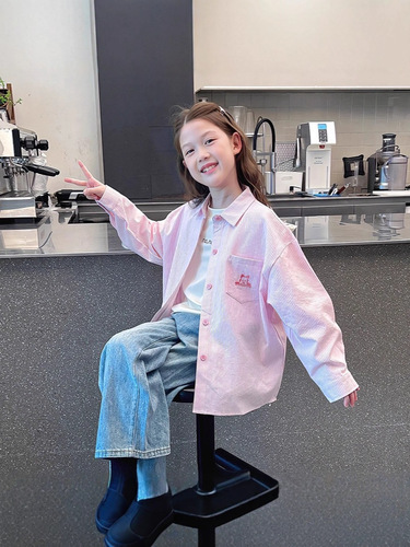 Children's Western-style striped shirt, girls 'loose long-sleeved shirt, big children's cardigan top, 2025 spring and autumn new style