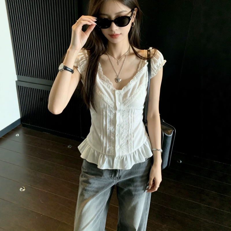 Yolo Sihop Vintage Girl Lace Design Layered Pure Desire Ruffled Summer Short-Sleeve Top Yolo Sihop Vintage Girl Lace Design Layered Pure Desire Ruffled Summer Short-Sleeve Top