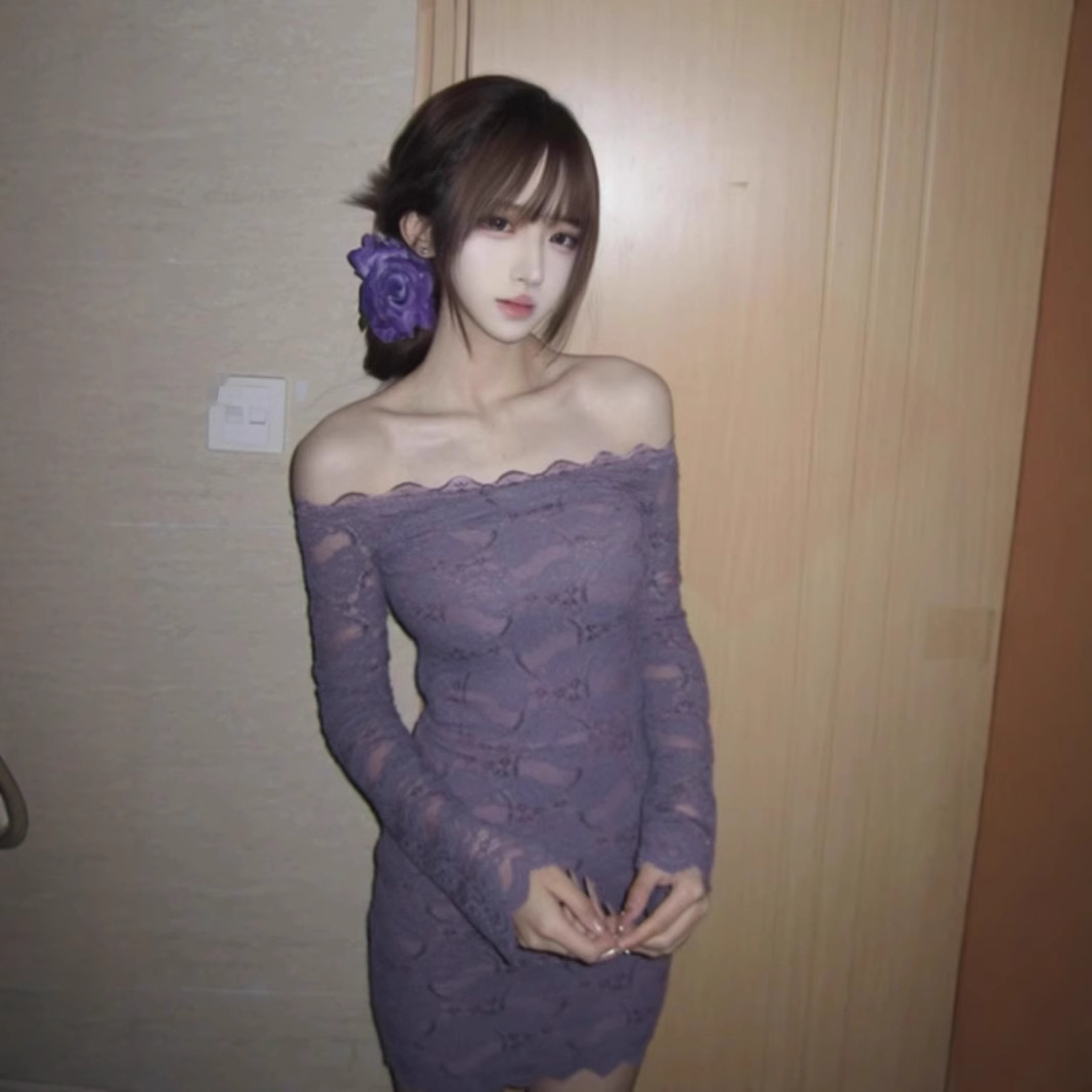 性感辣妹紫色爆款名媛御姐纯欲蕾丝修身包臀裙子一字肩修身连衣裙