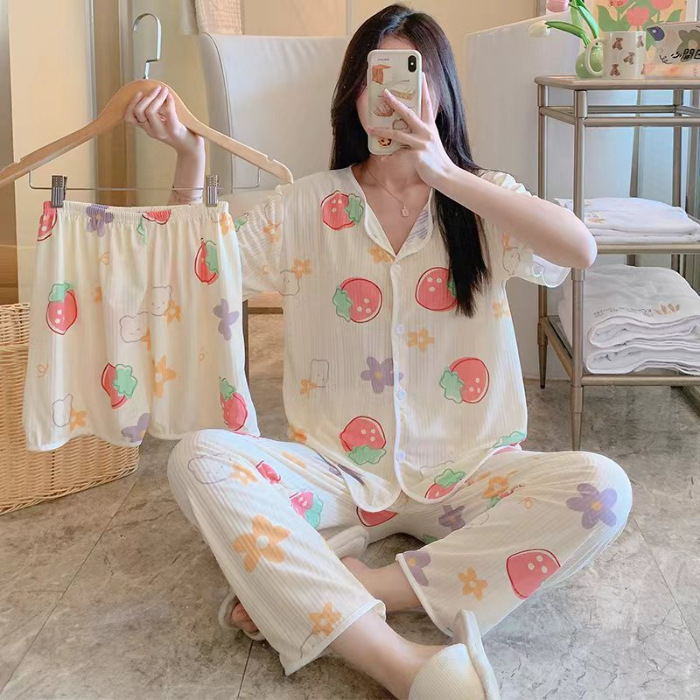 新しいカーディガンのパジャマの女性の半袖のズボンの3つのセットの漫画のかわいいレジャーの家の服の四季は外で着ることができます。|undefined