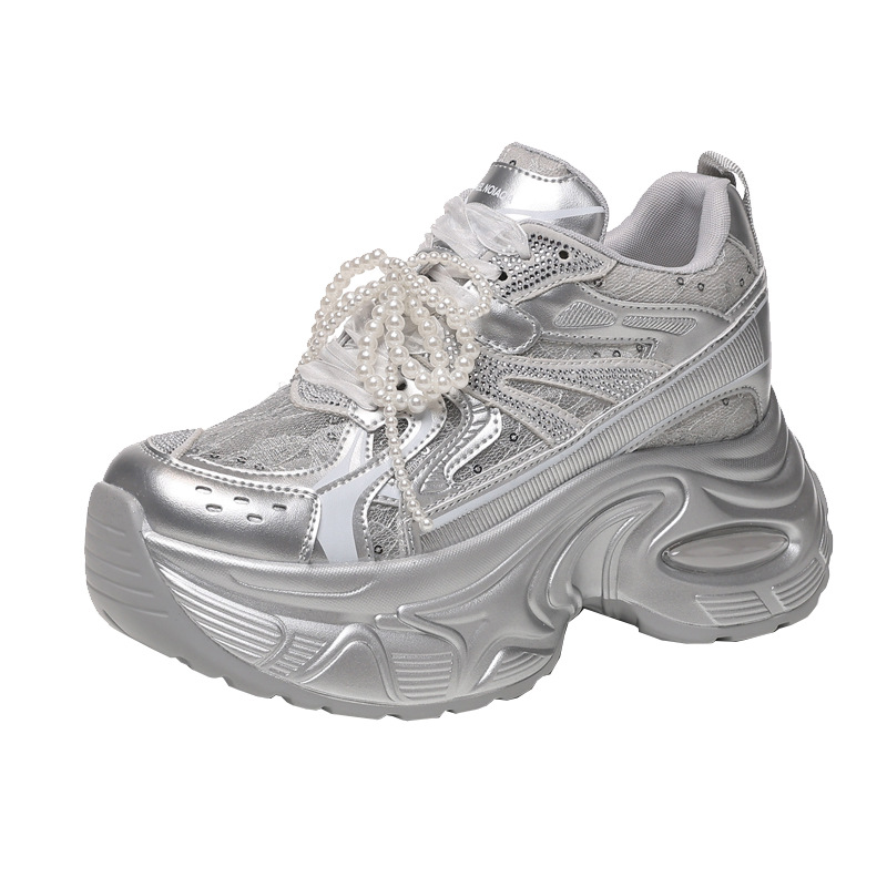 Giày sneaker chunky đế dày lưới thoáng khí tăng chiều cao nữ — Màu trắng