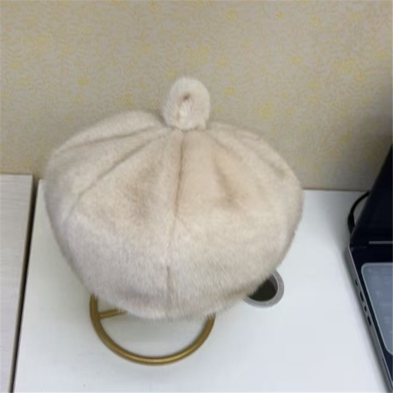 ミンクファーオクタゴンハットツートンカラーカボチャハットベレー帽レディース秋冬模造毛皮ファッション小顔帽子|undefined