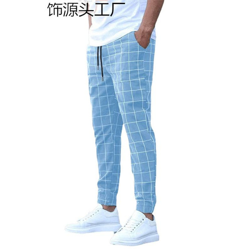 New European and American Streetwear Plaid Casual Trousers Fashionable Ripped Pants with Drawstring Wholesale