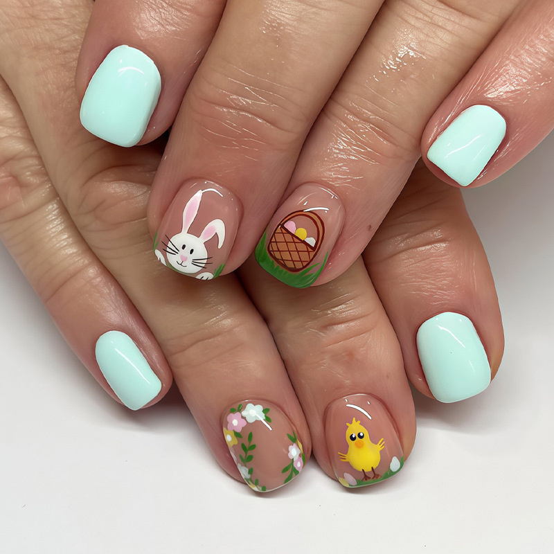 24 Pieces of Short Square Nails with Green Easter Vibes, Fresh and Cute Design with Rabbits, Chicks, Easter Eggs, and Flowers, Press-On Nails 24 Pieces of Short Square Nails with Green Easter Vibes, Fresh and Cute Design with Rabbits, Chicks, Easter Eggs, and Flowers, Press-On Nails