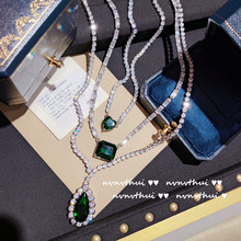 莫吉托绿宝石 水滴吊坠项链 镀18K金 孔雀绿水滴锆石满钻颈链叠戴