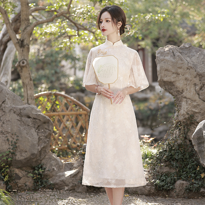 Hongyunmeng spring new cut flower chiffon embroidered fashion ao dai cheongsam evening gown cheongsam dress