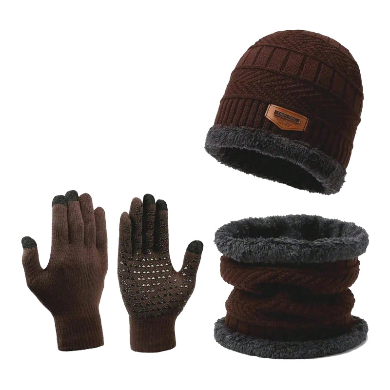 Thickened Cross-Border Knitted Touchscreen Woolen Gloves Non-Slip Winter Scarf Hat Fleece-Lined Three-Piece Set Warm_voghion.com