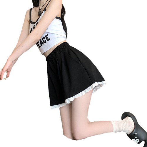 Lace edge casual shorts for women, summer Korean style, high-waisted loose home sports A-line wide-leg hot pants, wearable outdoors