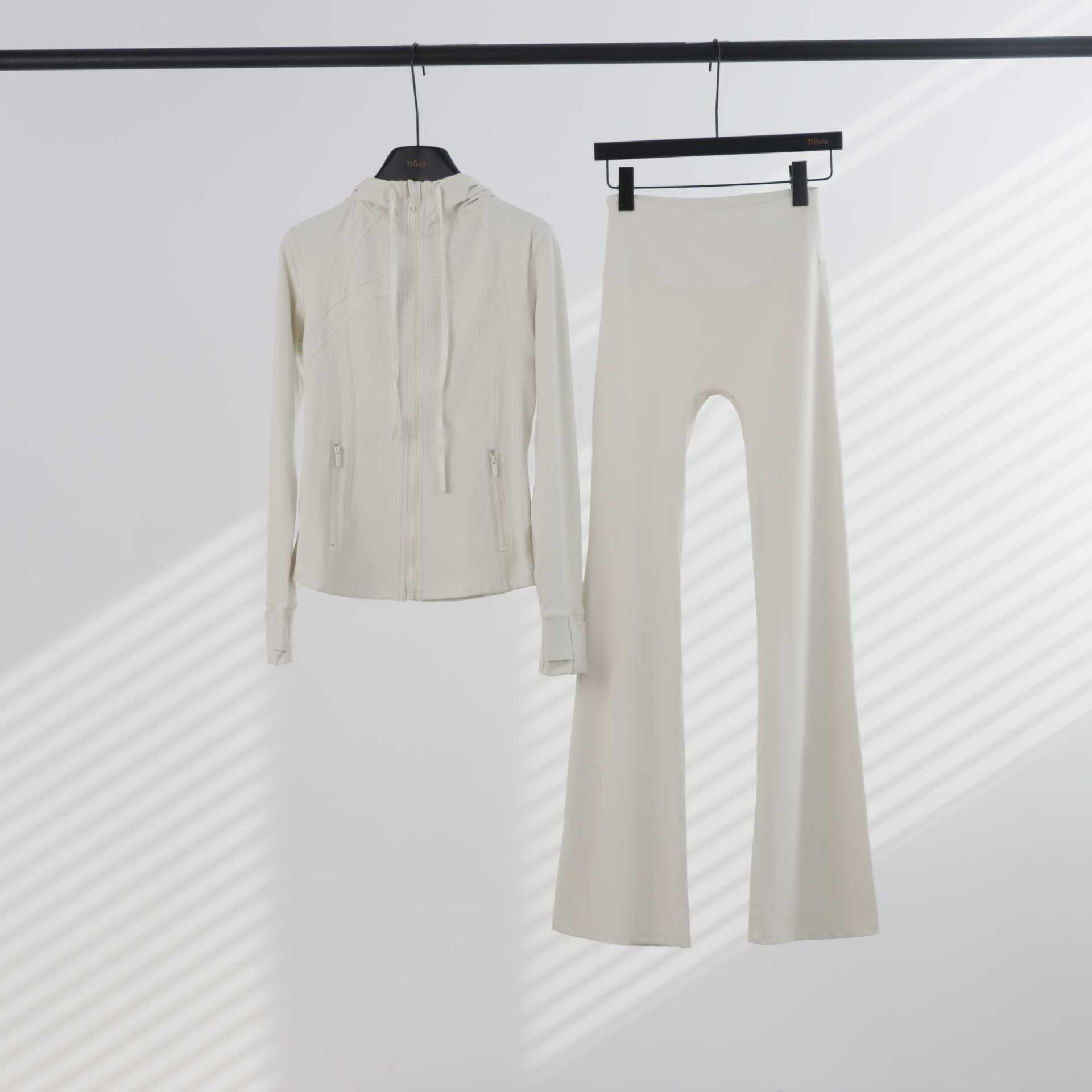 Women's Hooded Flared Jacket Set Long Sleeved Fitted Elastic Fitness Running Yoga Sportswear_ecoleips.com
