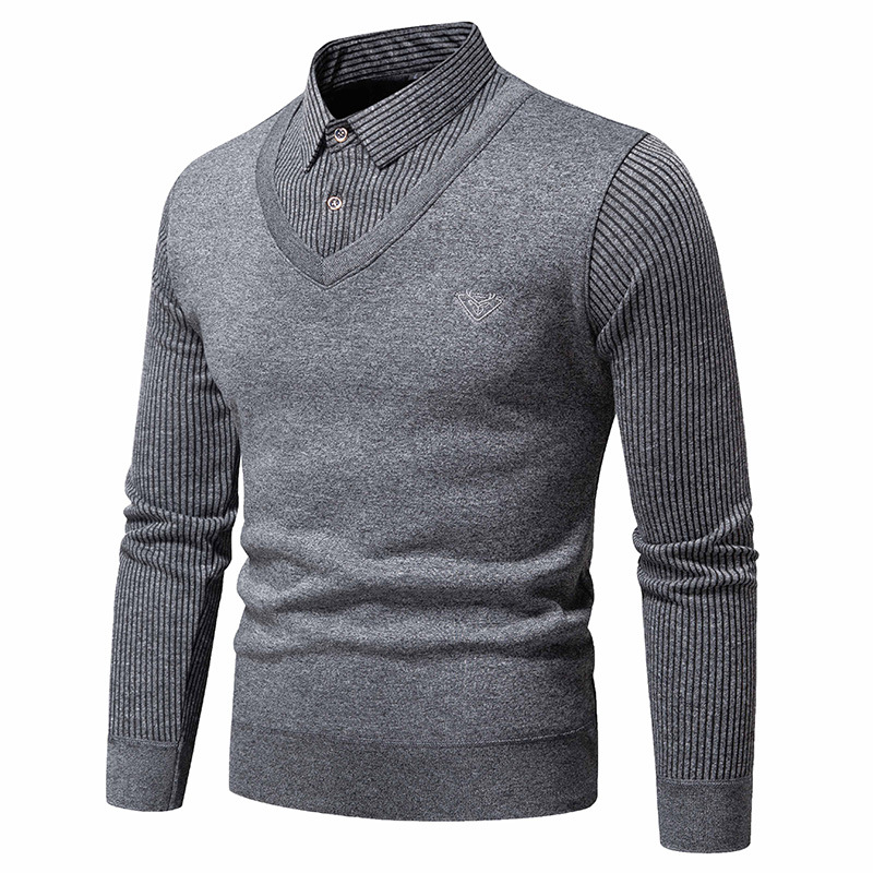 Long sleeved fake two-piece T-shirt spring and autumn new striped printed top casual lapel men's polo shirt for men_vogarts.com